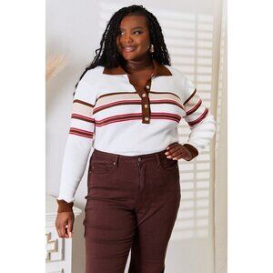 Basic Bae Striped Collared Neck Rib-Knit Top